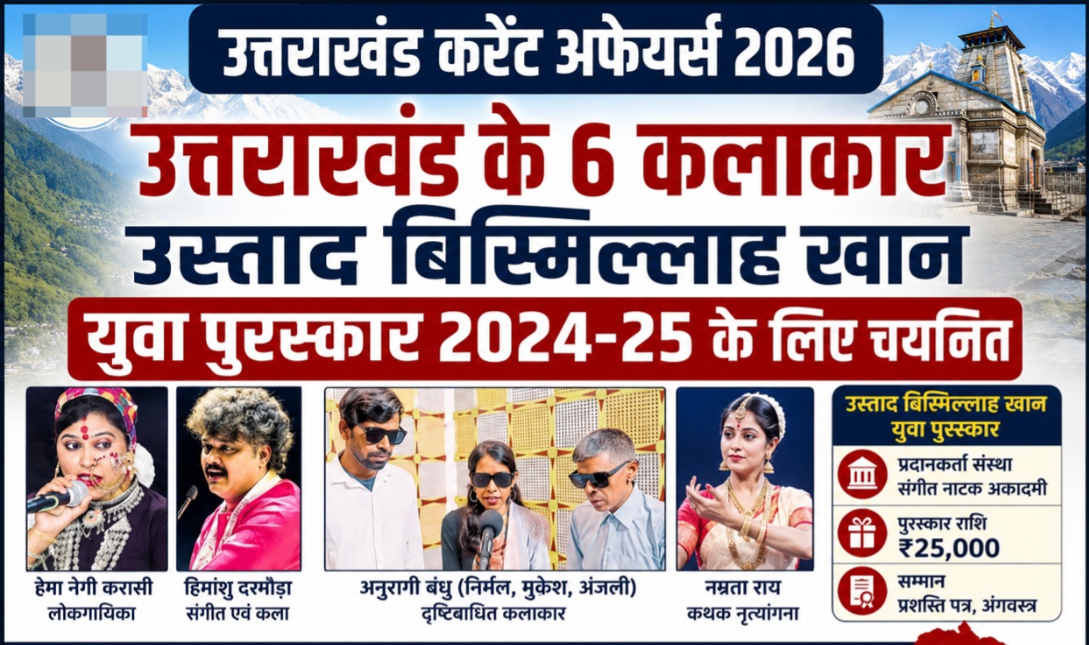 उत्तराखंड के 6 कलाकार उस्ताद बिस्मिल्लाह खान युवा पुरस्कार 2024-25 के लिए चयनित, हेमा नेगी करासी, हिमांशु दरमौड़ा, नम्रता राय और अनुरागी बंधु, Uttarakhand Current Affairs 2026